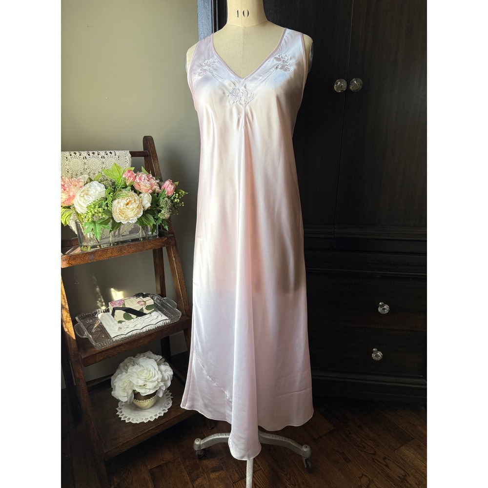 Miss Elaine Pink Satin Nightgown Long Floral Embroidered Sleeveless V Neck Large